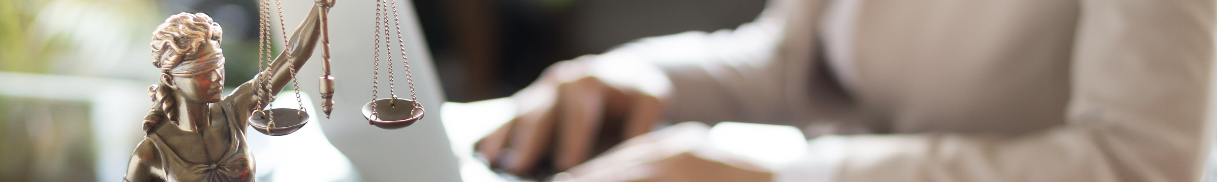 Ein Foto von einer Justizia Statue. Im Hintergrund arbeitet eine Person an einem Laptop.